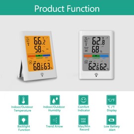 Indoor Outdoor Digital Thermometer Hygrometer Wireless, Smart Temperature and Humidity Monitor with 330FT Range Remote Sensor, Automatic Backlighting, ℃/℉ Switch for Home, Warehouse, School (White)