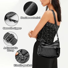 AdiStylinno Denim Hobo Bags for Women, Retro Canvas Shoulder Bag, Lightweight Crossbody Bag, Large Capacity Jean Handbag, black, Contemporary