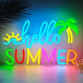 FuugZze Hello Summer Neon Signs for Wall Decor Hello Summer Neon Lights for Bedroom Dimmable Led Signs for Bedroom Wall Decorations for Home Office Beach