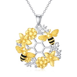 MEIDERBO Bee Necklace 925 Sterling Silver Honeycomb Cute Flower Pendant Two Bee Jewelry Sister Best Friend Necklaces Gifts for Mom Daughter Wife Women Birthday Gifts