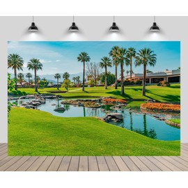 CHNYWORK 7ftx5ft Golf Courses Backdrop California Palm Springs City Vacation Resort Green Meadow Ponds Mountain Blue Sky Background Golf Theme Wedding Birthday Party Decor Photo Props Wallpaper