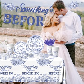 142PCS Something Blue Before I Do Bridal Shower Decorations Bridal Shower Party Favors for 20 Guests Blue Floral Plates and Napkins Tableware Set Blue Bridal Shower Decorations for Wedding Engagement