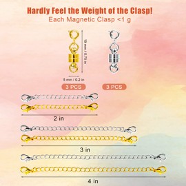 AIEX 12pcs Magnetic Necklace Clasps and Necklace Extender, Magnetic Necklace Extender Magnetic Jewelry Clasps Extension Chain Jewelry Extenders for Necklaces Jewelry Making (Gold, Silver)