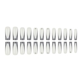 Long Press on Nails Square Fake Nails Black False Nails French Artificial Nails Rhinestones Stick on Nails for Women 24pcs