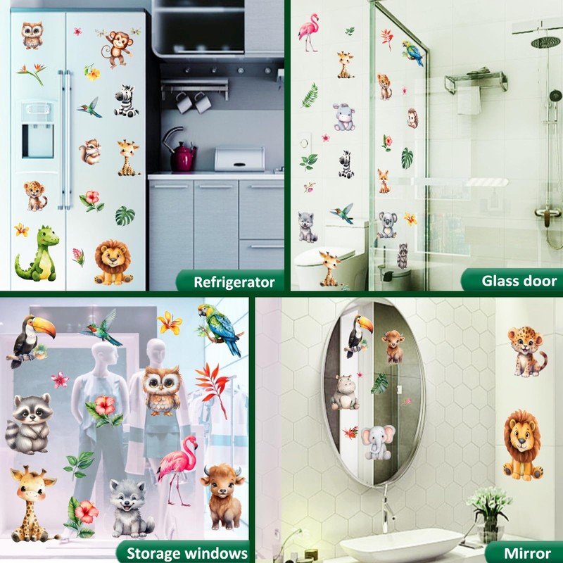 38 Animal Window Stickers, Cute Elephant, Monkey, Bird Window Stickers,