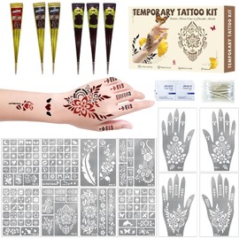 Kit de 136 plantillas para tatuajes de henna, plantillas para tatuajes temporales con 6 tintas (marrón, negro y rojo), kit de pintura facial y corporal para festivales, bodas y fiestas.
