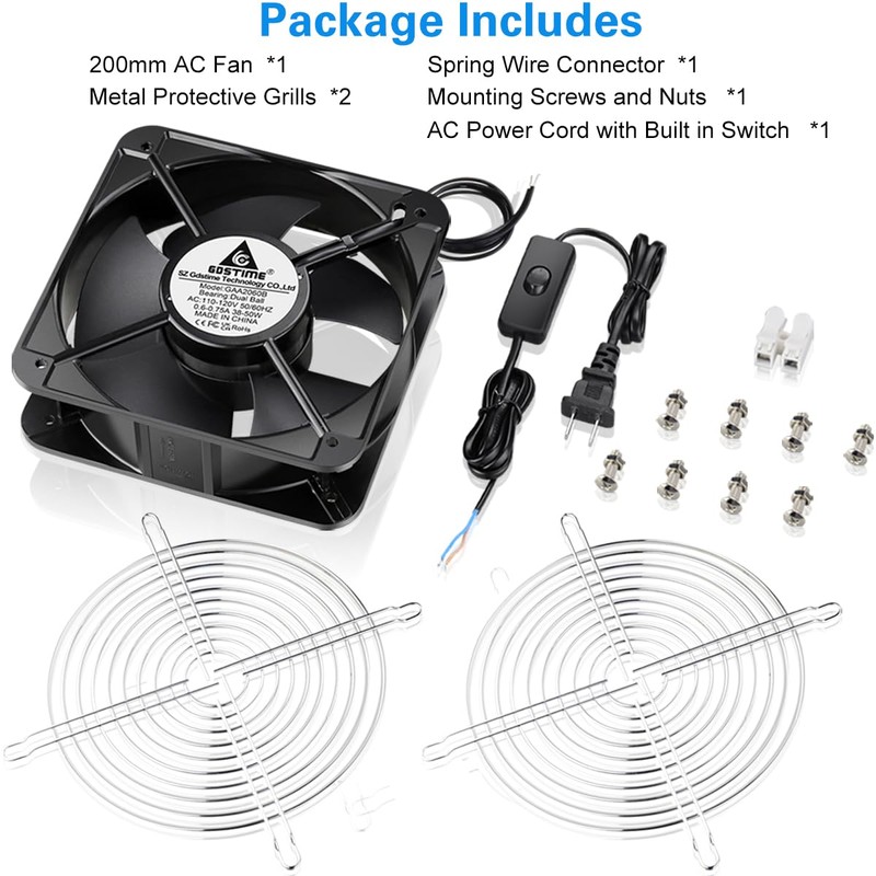 GDSTIME AXIAL Fan 20060, 110V 120V AC 200mm x 200mm