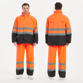 ProtectX Class 3 High Visibility Rain Gear for Men Waterproof, Hi Vis Reflective Safety Rain Jacket Pant Suits Workwear, Orange - Large