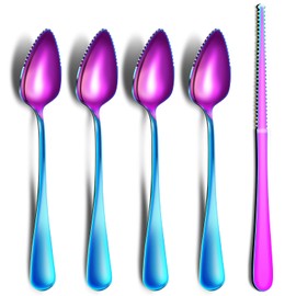 Grapefruit Spoons & Knife Set, Stainless Steel Utensils With Serrated Edge & Thick Gauge Handle, Rainbow Kitchen Tool, Non-stick Plating for Kiwi, Dessert, Apple (5 PCS)