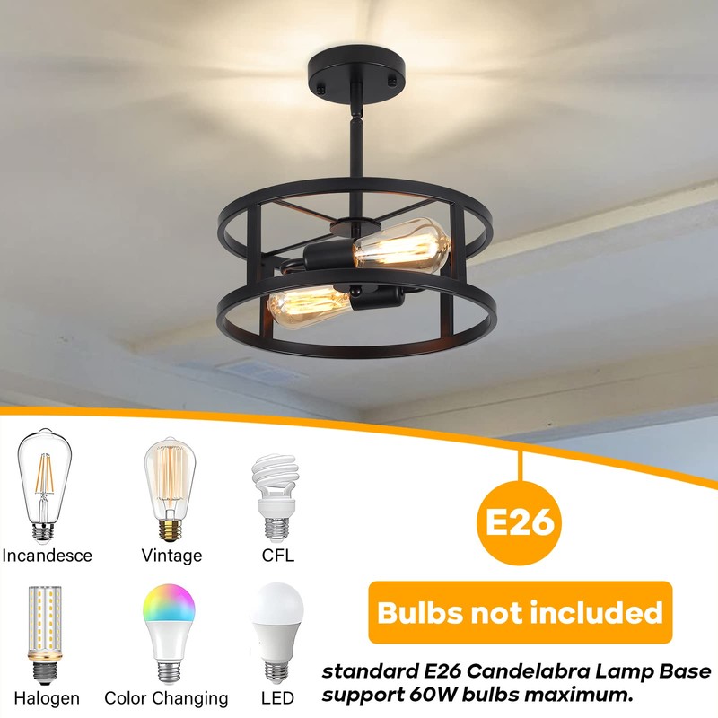 Heircido Industrial Black Semi Flush Mount Ceiling Light,Farmhouse Kitchen Lighting,