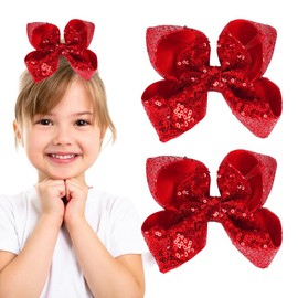 2PCS Sparkly Hair Bows for Girls 5 Inches Large Glitter Sequin Hair Bows Clips Red Hair Barrettes Headwear Hairpin Alligator Clips Bows for Girls Toddlers Kids Women