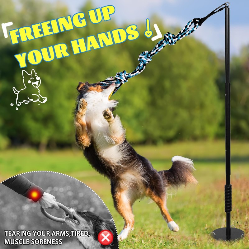 Outdoor Dog Tug Toy, Durable Spring Pole, 3 Ropes &