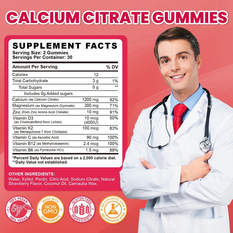Calcium Citrate Gummies - 1200mg Calcium Gummies Supplements for Women