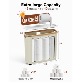 Toilet Paper Storage Basket Holder Holds 9-12 +1 Rolls Elegant Multi-Functional Bathroom Toilet Paper Holder Stand Storage Organizer Waterproof with Tray Hold Phone WEP Wipe Beige