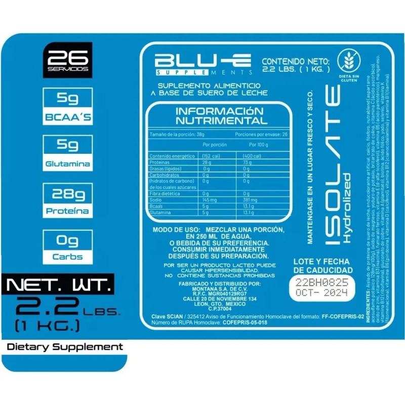 Proteína Whey Hidrolizada Isolate Blu-e 1 Kg Varios Sabores Natural
