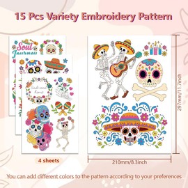 Peacoblue Water Soluble Embroidery Patterns with Color for Beginners, Day of The Dead Skeleton 4 Sheets with 15pcs Wash Away Embroidery Pattern Stabilizer for Hand Sewing Women Adults
