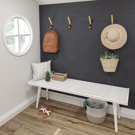 Plank+Beam Entryway Bench, Wooden End of Bed Bench for Bedroom, Mid-Century Modern Square Bench for Hallway, Living Room, Indoor, Porch, 56.25", White