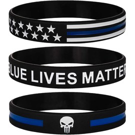 Blue Lives Matter Thin Blue Line American Flag Bracelets with Skull - Back The Blue Police Silicone Rubber Wristband Band Set - Support Law Enforcement Gifts for Police Cops, Men Women (Unisex)