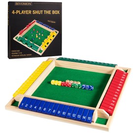 Upgraded 16.54'' Shut The Box Dice Game 4 Player-Colorful Wooden Close The Box Game with 15 Numbers + 16 Dices- Tabletop Math Board Game Kids & Adults