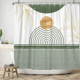 ASDCXZ Boho Shower Curtain 180 x 200 cm, Modern Abstract Art Sage Green Line Gold Leaves Khaki Sun Bath Washable Shower Curtains Polyester Textile Waterproof Bath Curtain for Bath with 12 Hooks