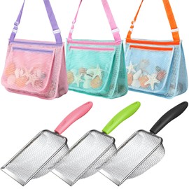 LIDAGO Beach Toy Set Include 3 Mesh Shovels and 3 Beach Mesh Bags,Kids Sand Sifter Colorful Mesh Bag for Shells Collecting