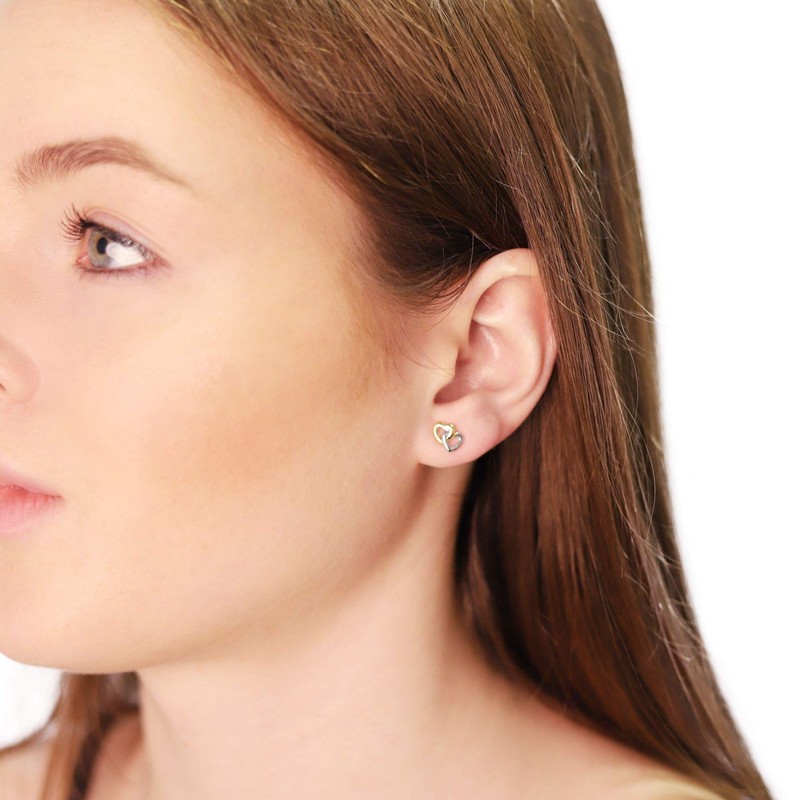 925 Sterling Silver Heart Shape Stud Earrings Two Tone Ladies