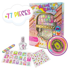Hot Focus Unicorn Nail Kit – Kids Nail Polish Set for Girls Ages 5 6 7-12 with 77+ Pieces, Spa Kit, Nail Art Decoration Set, Glow-in-the-dark, Stickers, and Water-Based Polish - Girls' Nail Kit.