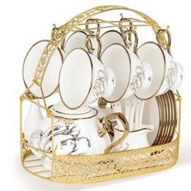 fanquare British Porcelain Tea Coffee Set 22 Piece New Bone China Gold Tulip Tea Service for Afternoon Tea, 6 TeaCup and Saucers with Metal Holder for Home Wedding Birthday