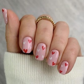 24Pcs Pink Press on Nails Short Square Fake Nails Valentine's Day Glue on Nails Full Cover False Nails with Red White Heart Design Acrylic Stick on Nails for Women Girls DIY Valentines Nail Decoration
