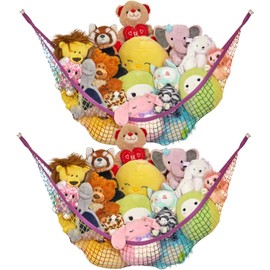 Lilly's Love Stuffed Animal Storage Net Hammock, Nursery Hanging Organizer, Jumbo Extra Large STUFFIE Party Hammock | Organize the Chaos | Holds 50% More Stuffies | 63" x 63" x 79" - Rainbow, 2 Pack