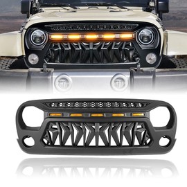 DIBON AUTO Shark Front Grill Mesh Grille Cover Matte Black Compatible for Jeep Wrangler JK JKU Unlimited Rubicon Sahara Sport with Amber LED Running Lights with Mesh Inserts 2007-2018
