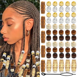 NAISKA 60PCS Wood Hair Beads African Beads for Hair Gold Long Tube Bead Natural Wood Dreadlock Jewelry Vintage Braids Accessories for Women Men