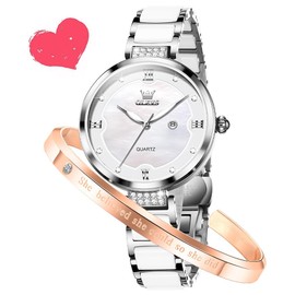 OLEVS Women's Watch Ceramic Strap Luxury Diamond Elegant Waterproof Luminous Date Formal Bracelet Set