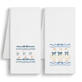 FISWAFY Blue Coquette Bow Goose Kitchen Towels, Funny Silly Goose Dish Tea Towels for Kitchen, Floral Aesthetic Animal Decorative Hand Towels for Bathroom, 16x24 Inch Set of 2
