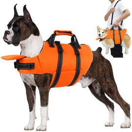 Petglad Dog Life Jacket with 4ft Leash, Reflective Pet Life Vest with Zipper and Handle for Swimming Boating, Adjustable High Buoyancy Floatation Swim Vest for Small Medium Large Dogs - Orange, XL