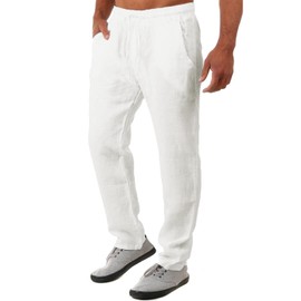 FANARCHER Men’s Lightweight Cotton Linen Pants Casual Trousers Drawstring Yoga Beach Pants with Pockets White