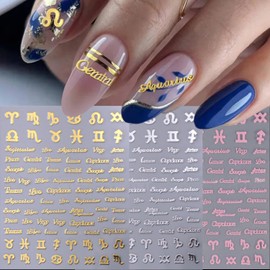 JERCLITY 9 Sheets Gold Silver Pink Zodiac Nail Stickers Self-Adhesive Zodiac Signs Nail Decals Constellation Words Stickers for Nails Twelve Constellation Nail Stickers Set for Women Nail Art