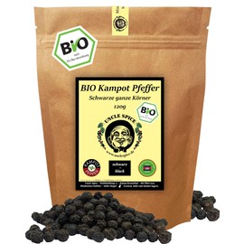 UNCLE SPICE® DE-ÖKO-005 Organic Black Kampot Pepper 120 g Organic Kampot Pepper Black Premium Quality Sun-Dried Pepper Berries Organic Peppercorns Whole Hand-Picked for the Mill