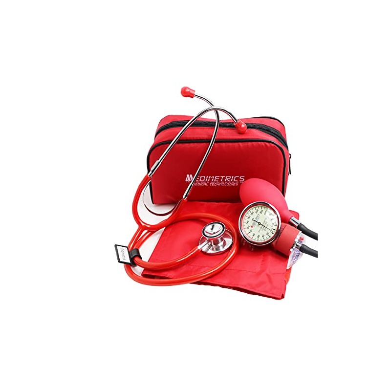 Kit Baumanómetro Aneroide + Estetoscopio Dúplex De Lujo (Rojo)