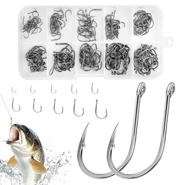200Pcs Barbed Circle fly Fishing Hooks, High Carbon Steel Eyed Weedless Small FishHook 10 Sizes 3#-12# sea fishing hanging tackle with Box for Freshwater Saltwater Pike Cod carp Bass Pollock Conger