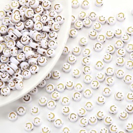 300Pcs Acrylic Smile Face Beads White Gold Color 7mm Round Happy Face Beads for Jewelry Making Bracelet DIY Craft Supplies Hair Accessories (Gold Color Face)