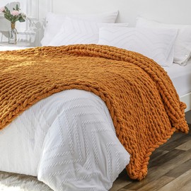 Bigacogo Chunky Knit Blanket Throw 51"x63", 100% Hand Knitted Chenille Throw Blanket, Big Soft Thick Yarn Cable Knit Blanket, Large Rope Knot Crochet Throw Blankets for Couch Bed Sofa (Burnt Orange)