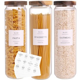 CZZGSM 3 Set Glass Pantry Storage Jars with Acacia Airtight Lid - 50oz Thicken Glass Kitchen Canisters with 132 Pantry Labels - Tall Food Storage Containers with Wood Lid for Pasta,Spaghetti,Cereal