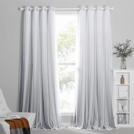 PONY DANCE Living Room Curtains - Blackout Curtains Grey Ombre White Sheer Over