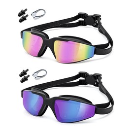 Swimming Goggles, 2-Pack Anti-Fog & UV Protection, 3D Leak-Proof Design with Mirrored Lens, Adjustable Strap for Adults & 10+ Kids, Includes Nose Clips & Earplugs - Perfect for Pool, Beach, Surfing