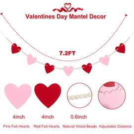 Valentines Day Mantel Decor - Red Pink Felt Heart Wooden Beads Garland Valentines Banner for Fireplace Mantel Walls Decorations (Multicolor)