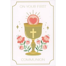Pictura Host with Heart Shape, Gold Foil Chalice, Pink Flowers 1st / First Communion Card