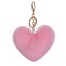 Unpafcxddyig Pom Poms Keychains Fluffy Heart Shape Pompoms Keyring Faux Rabbit Fur Key Chain for Car Bag Charm,Pink