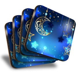 Destination Vinyl ltd Great Coasters (Set of 4) Square - Blue Moon Stars Space Vintage Drink Glossy Coasters/Tabletop Protection for Any Table Type #16502