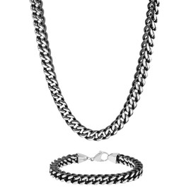 Midnight Maverick Franco Chain & Bracelet 2pc Set 24" Necklace & 8.5" Bracelet, Black Stainless Steel